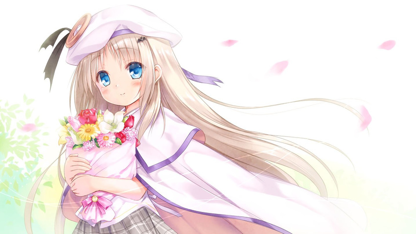 blonde_hair blue_eyes blush bouquet cape cherry_blossoms flower hat holding kud_wafter little_busters! long_hair na-ga noumi_kudryavka object_hug official_art petals school_uniform shirt skirt smile solo upper_body