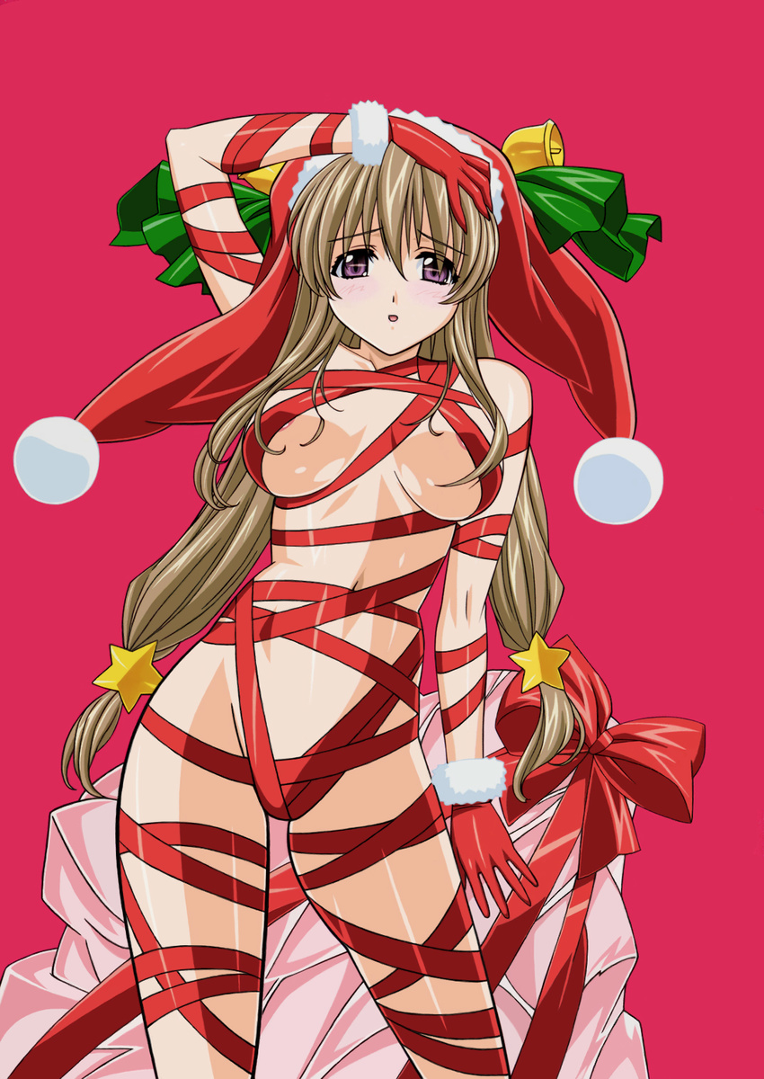 :o areola_slip areolae arm_up bell blush breasts brown_hair contrapposto gift gloves hair_ornament hand_on_head hat highres kuroda_kazuya large_breasts long_hair looking_at_viewer naked_ribbon original purple_eyes red_background ribbon santa_hat simple_background solo standing star star_hair_ornament twintails