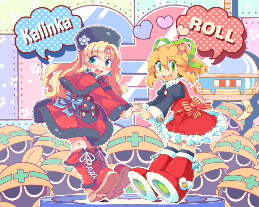 2girls android blonde_hair blue_eyes bow coat commentary_request earrings eyebrows_visible_through_hair full_body green_eyes hair_between_eyes hair_ribbon hand_holding hat interlocked_fingers iroyopon jewelry kalinka_cossack long_hair metool multiple_girls red_coat red_footwear ribbon rockman rockman_(classic) roll speech_bubble