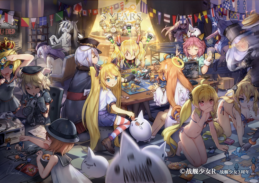 absurdly_long_hair ahoge albacore_(zhan_jian_shao_nyu) american_flag_bikini andrea_doria_(zhan_jian_shao_nyu) arashi_(zhan_jian_shao_nyu) archerfish_(zhan_jian_shao_nyu) bikini blonde_hair blue_eyes board_game brand_name_imitation cake call_of_cthulhu candle candy card character_request controller crown flag flag_print flat_chest food galo_(zhan_jian_shao_nyu) game_console glowworm_(zhan_jian_shao_nyu) grey_hair hair_ornament halo hat headgear holding holding_card holding_plate le_fantasque_(zhan_jian_shao_nyu) long_hair mahan_(zhan_jian_shao_nyu) map minekaze_(zhan_jian_shao_nyu) multiple_girls novgorod_(zhan_jian_shao_nyu) observerz official_art pink_hair plate pocky shelf shimakaze_(zhan_jian_shao_nyu) sitting striped striped_legwear sweatdrop swimsuit table television thighhighs tirpitz_(zhan_jian_shao_nyu) twintails very_long_hair younger yukikaze_(zhan_jian_shao_nyu) zhan_jian_shao_nyu