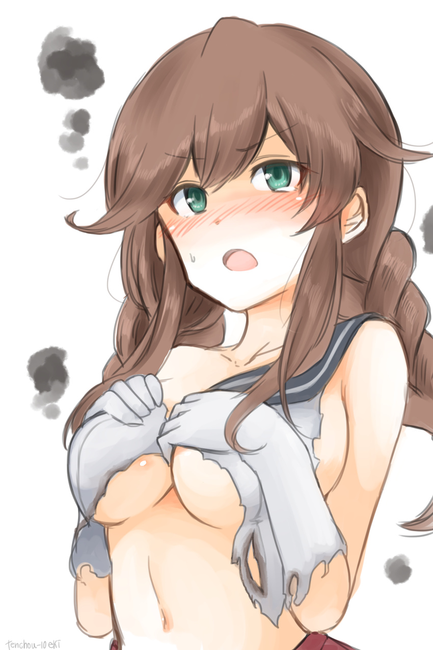1girl :o artist_name black_sailor_collar blush braid breasts brown_hair gloves green_eyes highres kantai_collection large_breasts long_hair noshiro_(kantai_collection) open_mouth red_skirt sailor_collar school_uniform serafuku simple_background single_braid skirt solo tears torn_clothes v-shaped_eyebrows white_background white_gloves