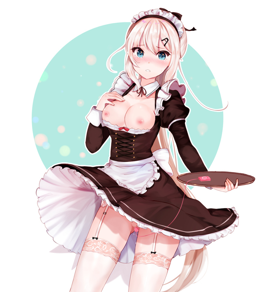 9a-91_(girls_frontline) apron black_dress blonde_hair blue_eyes blush breasts breasts_outside chu_(huaha1320) cleavage cowboy_shot dress frilled_apron frills garter_straps girls_frontline hair_ornament hairclip hand_on_own_chest hand_up highres holding holding_tray juliet_sleeves lace lace-trimmed_thighhighs long_sleeves maid maid_headdress medium_breasts nipples object_insertion panties parted_lips puffy_sleeves pussy_juice solo tears thighhighs thighs tray underwear vaginal vaginal_object_insertion vibrator waist_apron white_panties