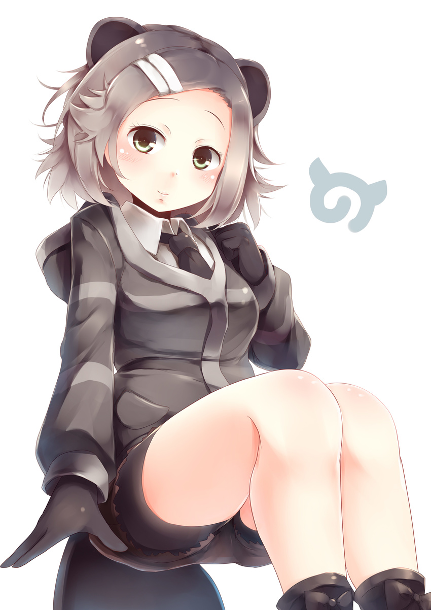 absurdres animal_ears beaver_ears beaver_tail black_footwear black_gloves black_neckwear black_shorts blush boots closed_mouth collared_shirt commentary_request eurasian_beaver_(kemono_friends) feet_out_of_frame gloves green_eyes grey_hair grey_hoodie hair_ornament hairclip highres hood hoodie japari_symbol kanzakietc kemono_friends long_sleeves looking_at_viewer necktie shirt short_hair shorts simple_background sitting smile solo tail white_background white_shirt