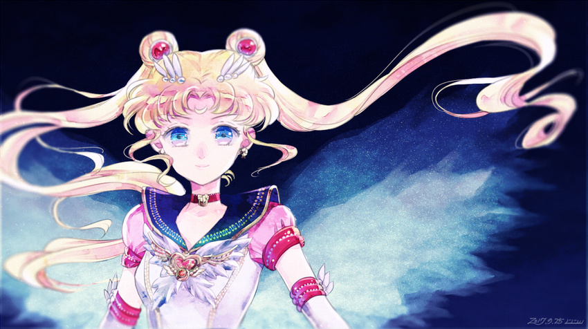 bad_id bad_pixiv_id bishoujo_senshi_sailor_moon blonde_hair blue_background blue_eyes blue_sailor_collar brooch choker closed_mouth crescent dated double_bun earrings elbow_gloves eternal_sailor_moon facial_mark forehead_mark gloves hair_ornament hairpin heart heart_choker jewelry long_hair looking_at_viewer magical_girl multicolored multicolored_eyes pink_eyes red_neckwear sailor_collar sailor_moon sailor_moon_musical sailor_senshi_uniform saki_(hxaxcxk) signature smile solo tsukino_usagi twintails upper_body white_gloves wings