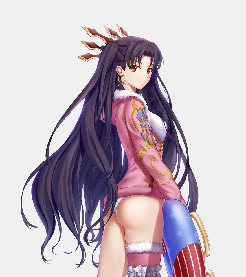 ass black_hair blush crown earrings fate/grand_order fate_(series) fur_trim hair_ribbon highres hoop_earrings ishtar_(fate/grand_order) ishtar_(swimsuit_rider)_(fate) jewelry long_hair looking_at_viewer miuka red_eyes ribbon simple_background single_thighhigh solo standing thighhighs two_side_up very_long_hair