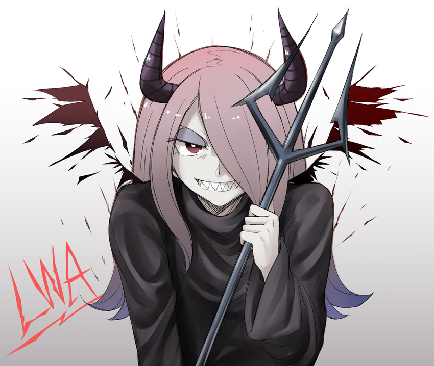 black_wings bright_pupils copyright_name demon_girl demon_horns gradient gradient_background gradient_hair hair_over_one_eye half-closed_eye highres holding holding_weapon horns little_witch_academia long_hair long_sleeves looking_at_viewer multicolored_hair open_mouth orinpachu pale_skin pink_hair polearm purple_hair red_eyes robe sharp_teeth solo sucy_manbavaran teeth trident upper_body weapon white_background wings