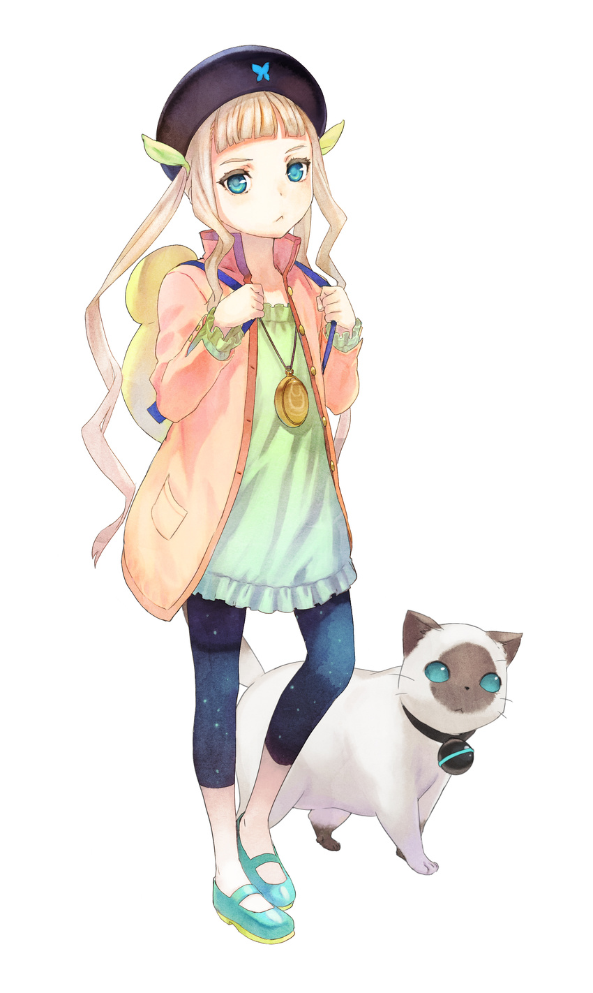 :&lt; absurdres aqua_eyes backpack bag blonde_hair cat child elle_mel_martha full_body hat highres inomata_mutsumi jacket jewelry long_hair long_sleeves looking_at_viewer mary_janes official_art open_clothes open_jacket pendant shoes simple_background solo standing tales_of_(series) tales_of_xillia tales_of_xillia_2 twintails white_background