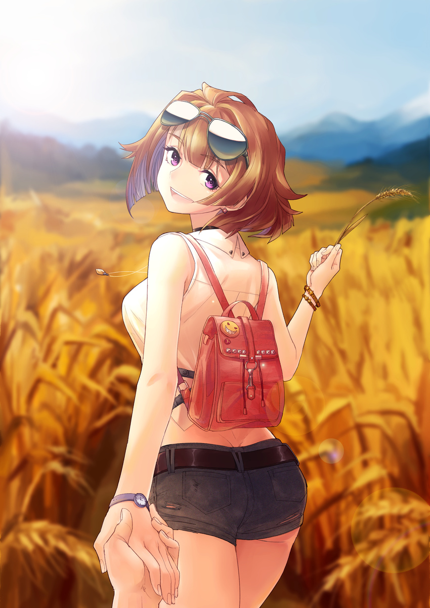 1girl :d absurdres ass belt black_shorts blue_sky bracelet brown_hair ck_(26982497) crop_top day denim denim_shorts earrings eyewear_on_head from_behind girls_frontline grizzly_mkv_(girls_frontline) highres holding holding_hands jewelry looking_at_viewer looking_back necklace open_mouth outdoors purple_eyes shirt short_hair shorts sky sleeveless sleeveless_shirt smile standing sunglasses watch white_shirt wristwatch