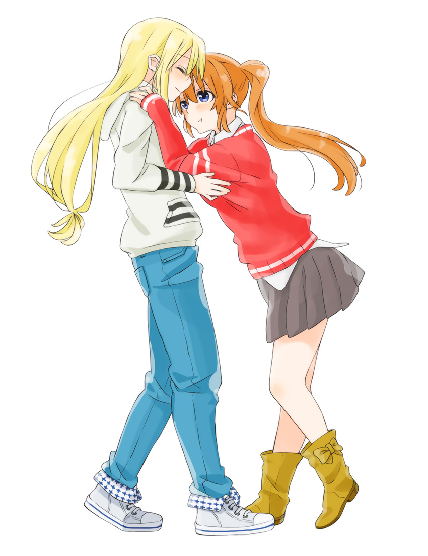 2girls alternate_costume alternate_outfit blonde_hair blue_eyes boots brown_hair collared_shirt couple eyes_closed fate_testarossa hair_ornament hand_on_another's_face happy jeans long_hair looking_at_another lyrical_nanoha mahou_shoujo_lyrical_nanoha mahou_shoujo_lyrical_nanoha_a's multiple_girls pout pouting ribbon safe shirt side_ponytail skirt smile sneakers sweater takamachi_nanoha very_long_hair yakisoba_(artist) yuri