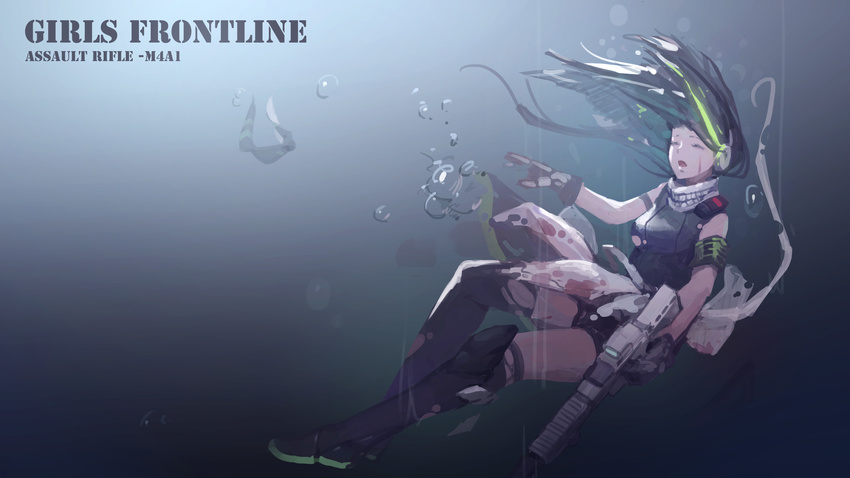 absurdres air_bubble armband assault_rifle black_hair blood bloody_clothes boots bubble character_name closed_eyes copyright_name full_body girls_frontline gloves gun heibaise_jiangshi highres holding holding_gun holding_weapon knee_boots long_hair m4_carbine m4a1_(girls_frontline) multicolored_hair open_mouth rifle sinking solo streaked_hair submerged underwater wallpaper weapon