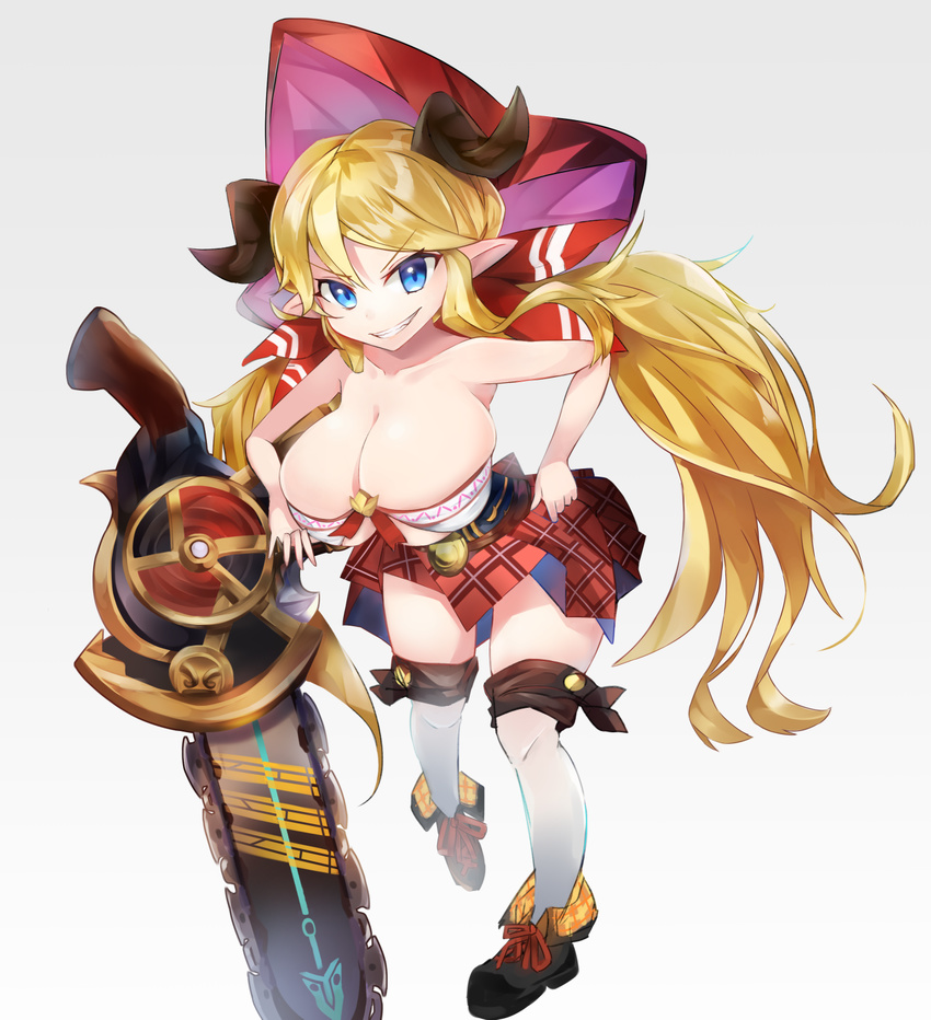 1girl bare_shoulders blonde_hair blue_eyes breasts cleavage doraf female full_body gradient_background granblue_fantasy hair_ornament hair_ribbon hallessena highres horaizonu horns huge_breasts long_hair long_twintails looking_at_viewer miniskirt pointy_ears ribbon shirt_lift shoes simple_background skirt smile smirk solo standing sword thighhighs thighs twintails weapon white_legwear