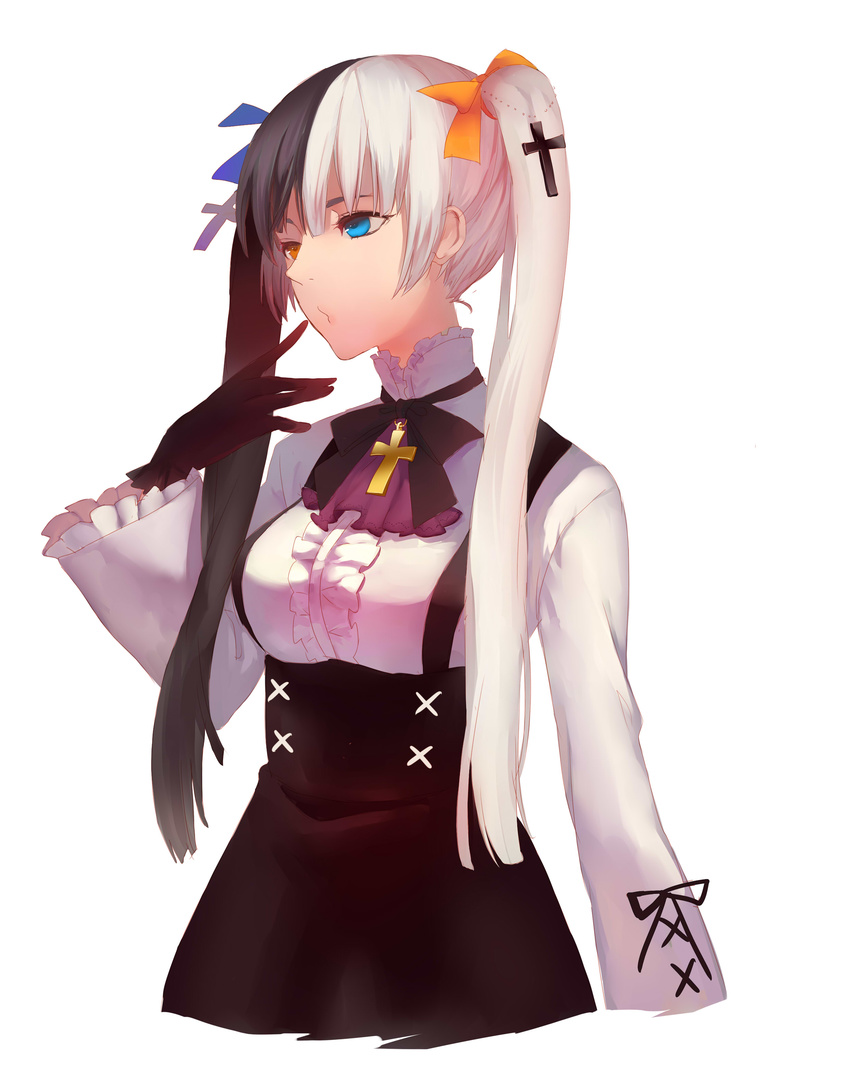 absurdres black_gloves black_hair blue_bow blue_eyes bow cross cross_necklace gloves heterochromia high-waist_skirt highres jewelry kurenai907 long_hair marrycross_(kurenai907) multicolored_hair necklace orange_bow orange_eyes original simple_background skirt solo suspender_skirt suspenders twintails two-tone_hair white_background white_hair