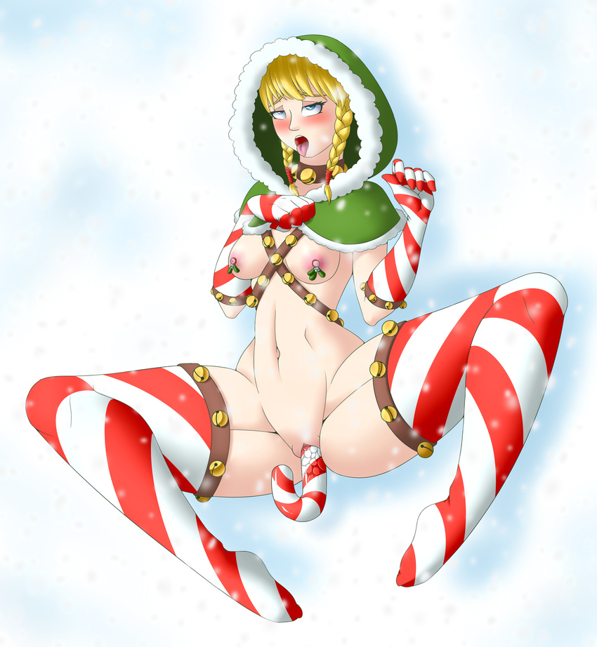1girl absurdres ahegao bell blonde_hair blue_eyes blush braid breasts candy_cane christmas clitoris collar from_above full_body gloves half-closed_eyes hand_on_own_chest hands_up hood itsuko103 linkle looking_up lying medium_breasts navel nipple_rings nipples nude object_insertion on_back open_mouth pussy pussy_juice red_legwear rolling_eyes simple_background snow snowing solo spread_legs striped_gloves striped_legwear teeth the_legend_of_zelda thighhighs tied_hair tongue tongue_out twin_braids uncensored vaginal_object_insertion white_background zelda_musou