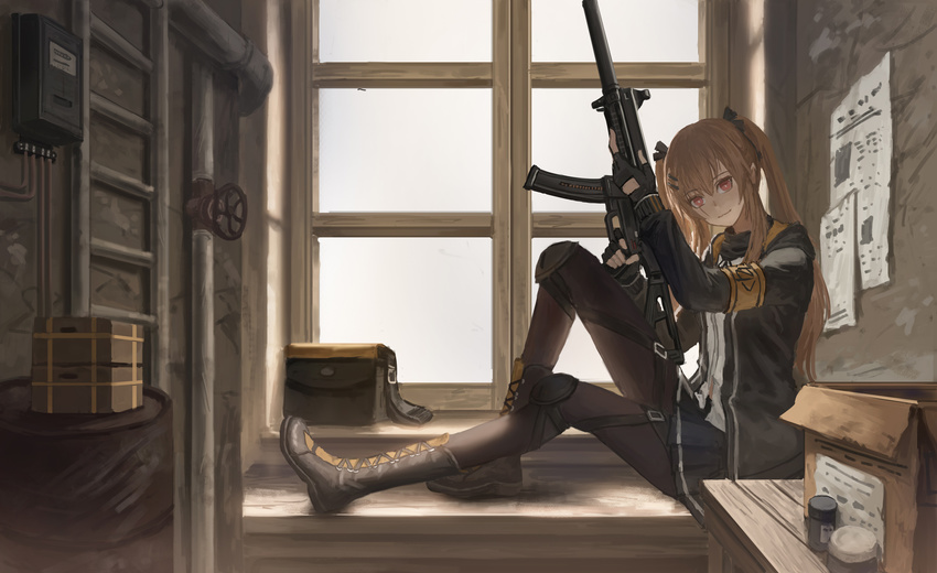 boots brown_hair fingerless_gloves girls_frontline gloves gun h&amp;k_ump hair_ornament hairclip heckler_&amp;_koch highres hood hooded_jacket jacket leg_up long_hair looking_at_viewer pantyhose pipes red_eyes scar scar_across_eye sitting skirt smile solo submachine_gun suppressor twintails ump9_(girls_frontline) weapon windowsill xukong