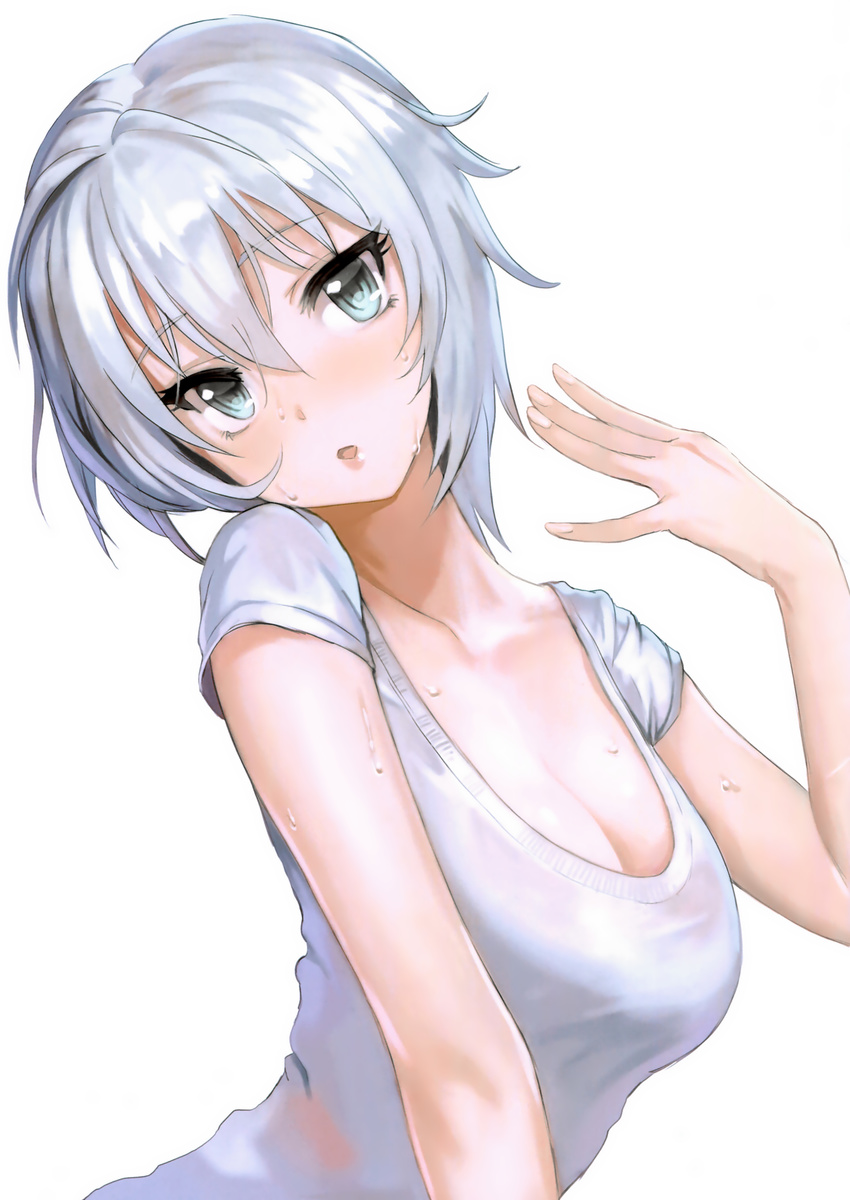 absurdres anastasia_(idolmaster) arm_up blue_hair breasts cleavage collarbone eyebrows_visible_through_hair fanning_face hair_between_eyes head_tilt highres idolmaster idolmaster_cinderella_girls large_breasts leaning_forward looking_at_viewer meto31 non-web_source parted_lips scan shirt short_hair silver_hair simple_background solo sweat t-shirt wet wet_clothes wet_shirt white_background
