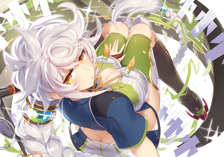 asymmetrical_hair blush braid breasts butt_crack cleavage cleavage_cutout cloud_print commentary_request crop_top from_above green_legwear hair_ornament jitome kantai_collection large_breasts long_hair looking_at_viewer looking_up parted_lips scroll shikigami short_sleeves silver_hair single_braid solo unryuu_(kantai_collection) very_long_hair wavy_hair yamaarashi yellow_eyes