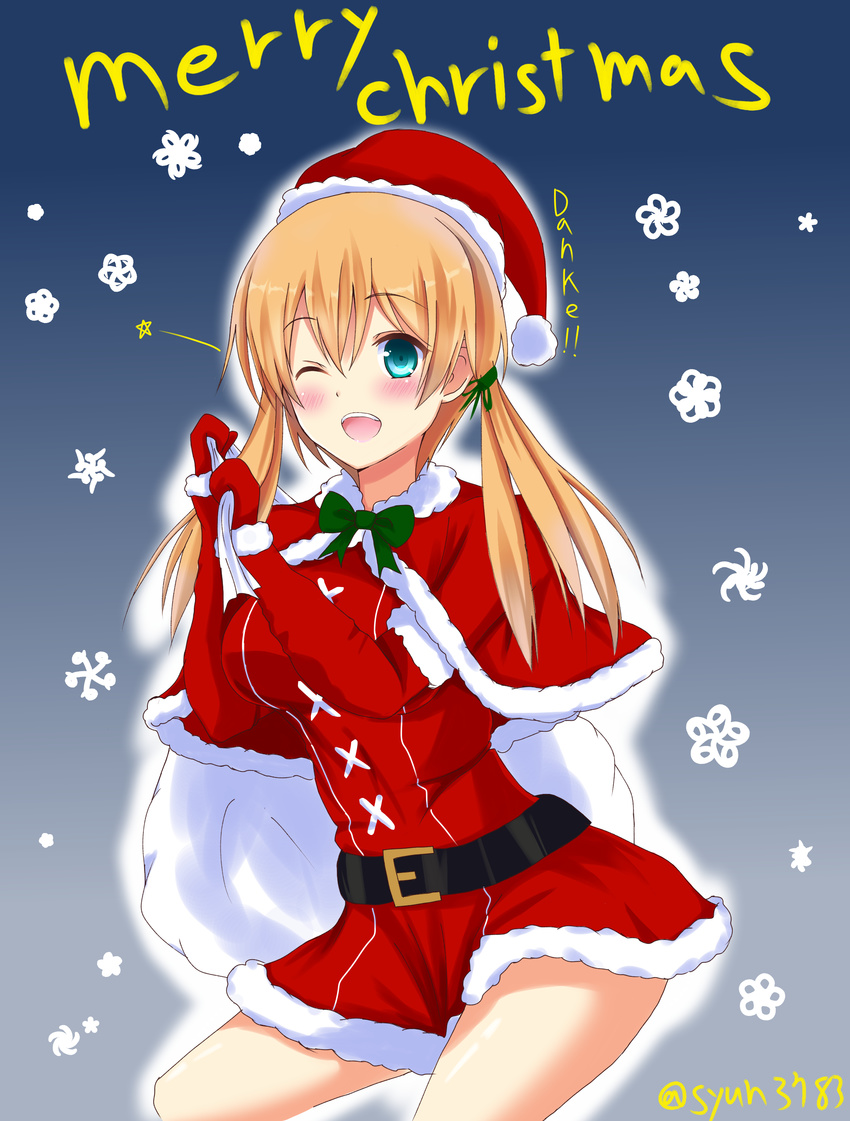 ;d absurdres blonde_hair blue_eyes christmas gloves hair_ribbon hat highres kantai_collection long_hair looking_at_viewer one_eye_closed open_mouth prinz_eugen_(kantai_collection) red_gloves ribbon santa_costume santa_hat smile solo syun3783 twintails twitter_username