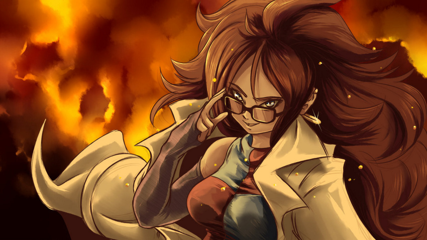 1girl android_21 arm_warmers big_hair black-framed_glasses blue_eyes brown_hair dragon_ball dragon_ball_fighterz earring female fire glasses holding_glasses hoop_earrings labcoat long_hair multicolored_clothes multicolored_dress plague_of_gripes solo