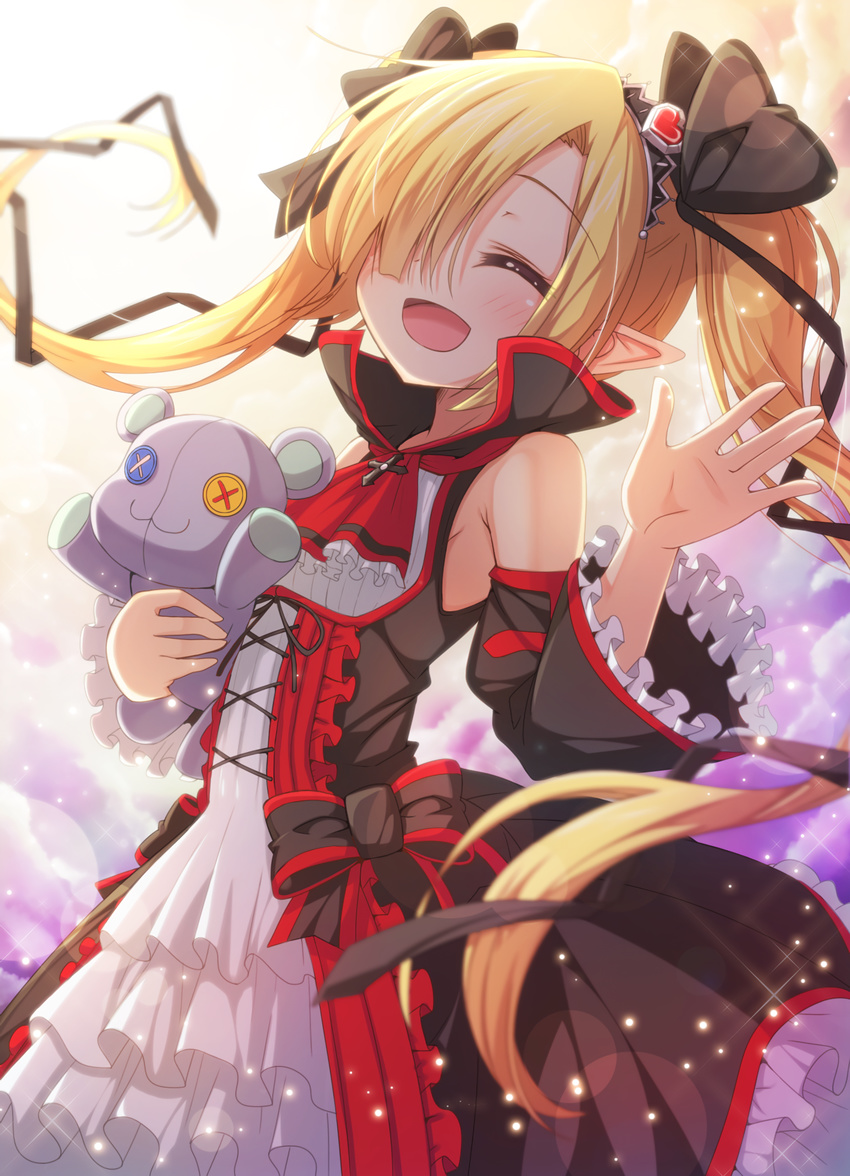 armpit_cutout bare_shoulders blonde_hair blush eyes_closed hair_over_one_eye lolita_fashion long_hair open_mouth plush_toy pointy_ears smile twintails