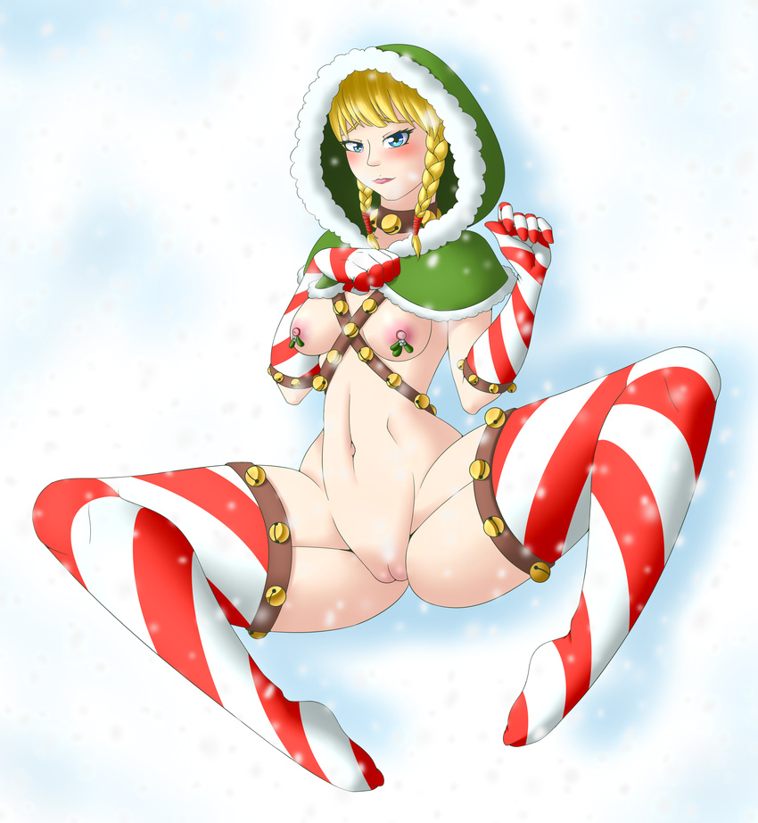 1girl absurdres bell blonde_hair blue_eyes blush braid breasts christmas collar from_above full_body gloves half-closed_eyes hand_on_own_chest hands_up hood itsuko103 linkle looking_at_viewer lying medium_breasts navel nipple_rings nipples nude on_back pussy red_legwear simple_background snow snowing solo spread_legs striped_gloves striped_legwear the_legend_of_zelda thighhighs tied_hair twin_braids uncensored white_background zelda_musou
