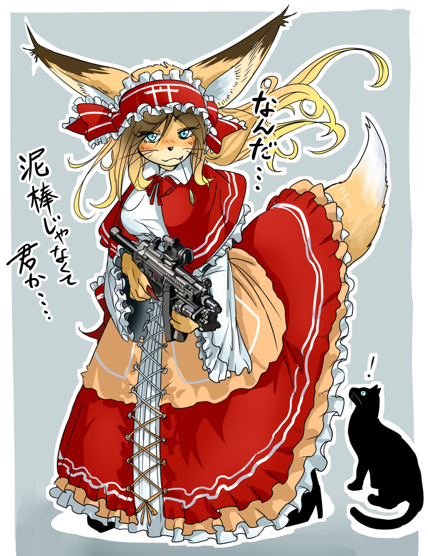 1girl :3 absurdres animal_ears assault_rifle black_cat black_footwear blonde_hair blue_background blue_eyes blush cat closed_mouth commentary doitsuken dress fang fang_out fox_ears fox_girl fox_tail frilled_skirt frills furry gun h&amp;k_mp5 headdress heckler_&amp;_koch high_heels highres holding holding_gun holding_weapon implied_pantyshot long_sleeves looking_at_viewer mouth_hold original outline red_dress rifle scope shirt shoes simple_background skirt slit_pupils solo standing submachine_gun tail translated trigger_discipline weapon whiskers white_outline white_shirt