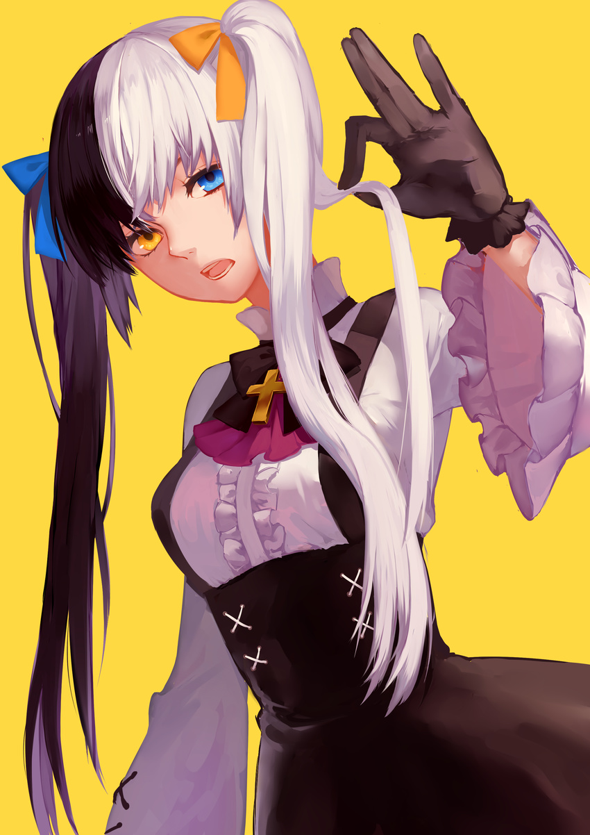 absurdres black_gloves black_hair blue_bow blue_eyes bow cross gloves heterochromia high-waist_skirt highres holding holding_hair kurenai907 long_hair looking_at_viewer marrycross_(kurenai907) multicolored_hair open_mouth orange_bow orange_eyes original simple_background skirt solo suspender_skirt suspenders twintails two-tone_hair white_hair yellow_background