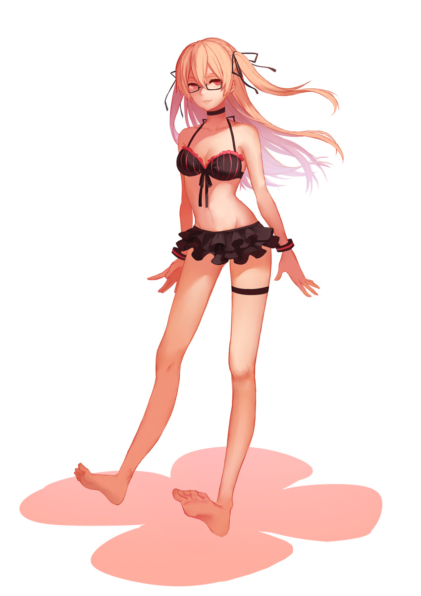 absurdres barefoot bikini black-framed_eyewear black_bikini blonde_hair breasts cleavage dorsiflexion full_body glasses hair_ribbon highres honeyred_(kurenai907) kurenai907 long_hair looking_at_viewer medium_breasts original ribbon smile solo swimsuit thigh_strap two_side_up