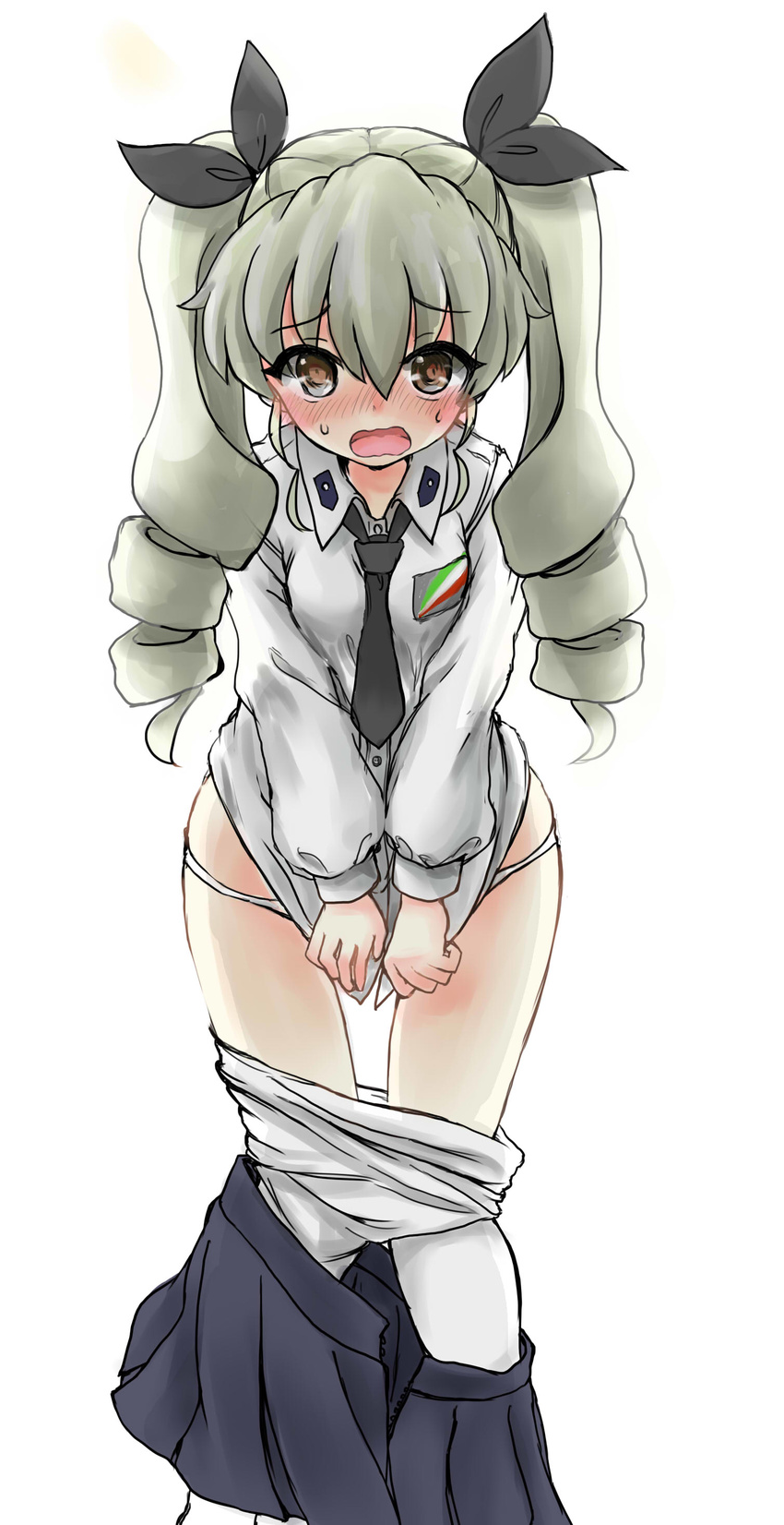 absurdres anchovy anzio_school_uniform bangs black_neckwear black_ribbon black_skirt blush commentary dress_shirt drill_hair embarrassed emblem eyebrows_visible_through_hair frown full-face_blush girls_und_panzer green_hair hair_ribbon highres long_hair long_sleeves looking_at_viewer loose_necktie miniskirt necktie open_clothes open_mouth open_skirt panties panty_pull pantyhose pantyhose_pull pleated_skirt red_eyes ribbon school_uniform shirt shirt_tug simple_background skirt skirt_pull solo standing sweatdrop twin_drills twintails underwear wabiushi white_background white_legwear white_panties white_shirt