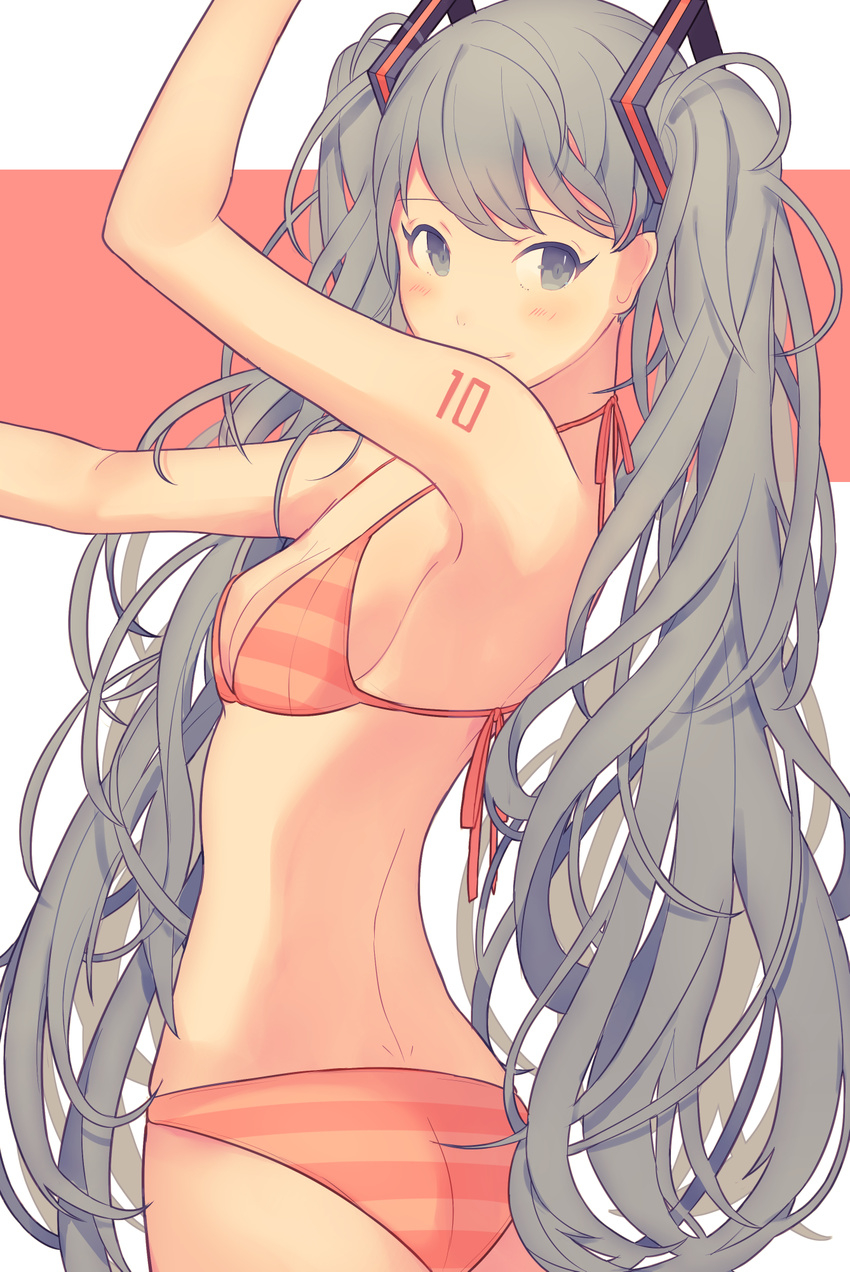 arm_up armpits ass back bangs bikini blush breasts butt_crack cleavage closed_mouth eyebrows_visible_through_hair eyelashes from_behind grey_eyes grey_hair halterneck hatsune_miku highres long_hair looking_at_viewer looking_to_the_side orange_bikini outstretched_arm side-tie_bikini sideboob small_breasts smile solo standing striped striped_bikini swept_bangs swimsuit tattoo twintails twisted_torso upper_body very_long_hair vocaloid white_background yuusei_tsukiro