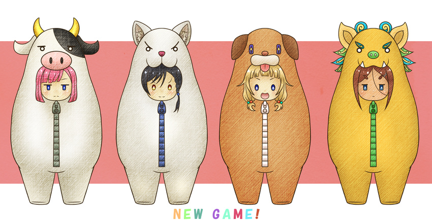 :3 :d ahagon_umiko animal_costume bangs bear_sleeping_bag black_hair blonde_hair blue_eyes blunt_bangs blush braid brown_eyes brown_hair cat_costume closed_mouth commentary_request copyright_name cow_costume dog_costume english frown full_body hair_between_eyes hair_bobbles hair_flaps hair_ornament highres jitome looking_at_viewer mochizuki_momiji multiple_girls narumi_tsubame new_game! nohohon_(kingdam1945) o_o open_mouth pink_hair sakura_nene shiisaa_costume side_braid single_braid sleeping_bag smile sparkling_eyes standing thick_eyebrows v-shaped_eyebrows x_hair_ornament zipper