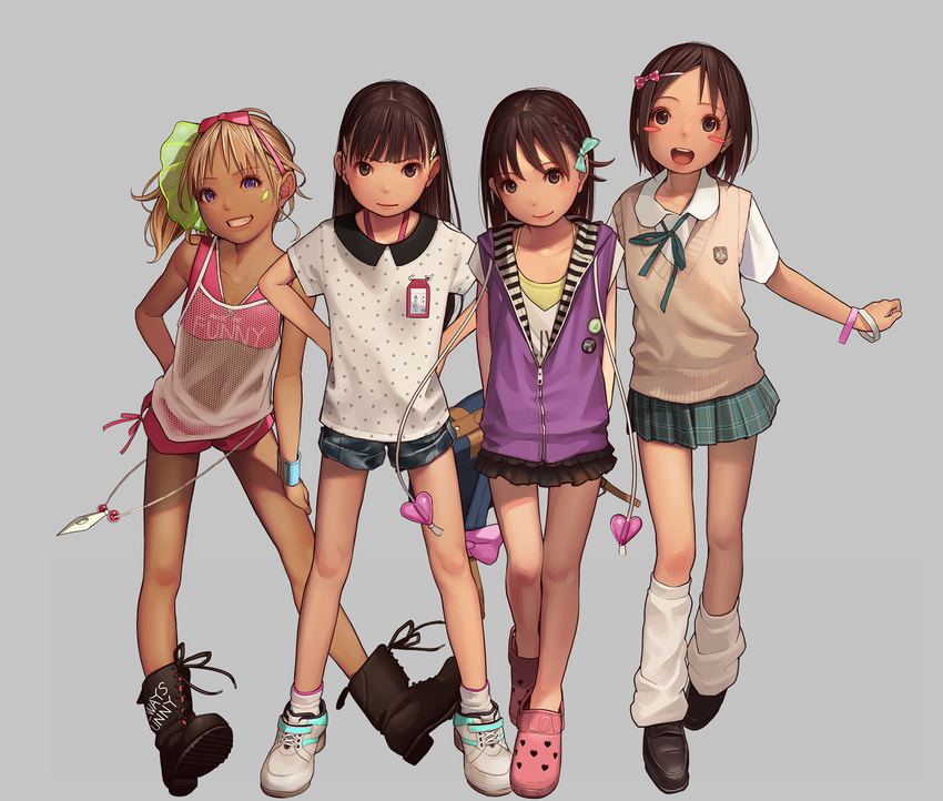 :d black_footwear blonde_hair blush_stickers boots bow brown_eyes brown_hair clenched_teeth closed_mouth clothes_writing crocs cross-laced_footwear dark_skin full_body green_bow green_skirt grey_background grin hair_bow hand_on_own_thigh hands_on_hips heart highres jacket kagamine-ikka long_hair looking_at_viewer loose_socks miniskirt multiple_girls name_tag open_mouth original pink_bow plaid plaid_skirt polka_dot polka_dot_shirt purple_eyes purple_jacket shirt shoes short_hair short_shorts shorts side_ponytail simple_background skirt smile sneakers socks standing teeth