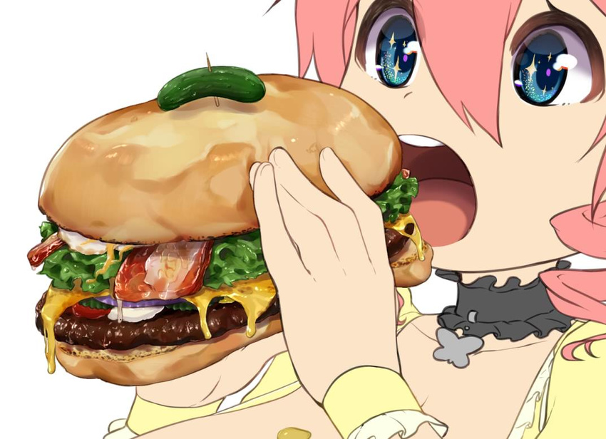 bacon blue_eyes breasts choker cleavage close-up commentary_request drill_hair eating food hair_between_eyes hamburger holding holding_food huge_breasts long_hair magister_(medical_whiskey) meat mustard open_mouth original pickle pink_hair sakuraba_himari simple_background solo sparkling_eyes tomato toothpick twin_drills white_background wrist_cuffs