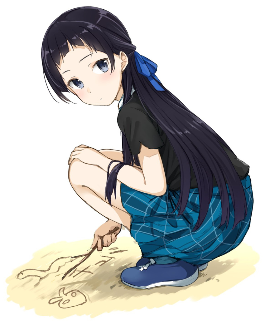 black_eyes black_hair black_shirt black_skirt blue_footwear blue_ribbon blush branch commentary_request cryptid expressionless from_side hair_ribbon half_updo hand_on_own_knee highres jpeg_artifacts long_hair looking_at_viewer max_melon oribe_ririko ribbon sakura_quest shirt shoes skirt solo squatting writing