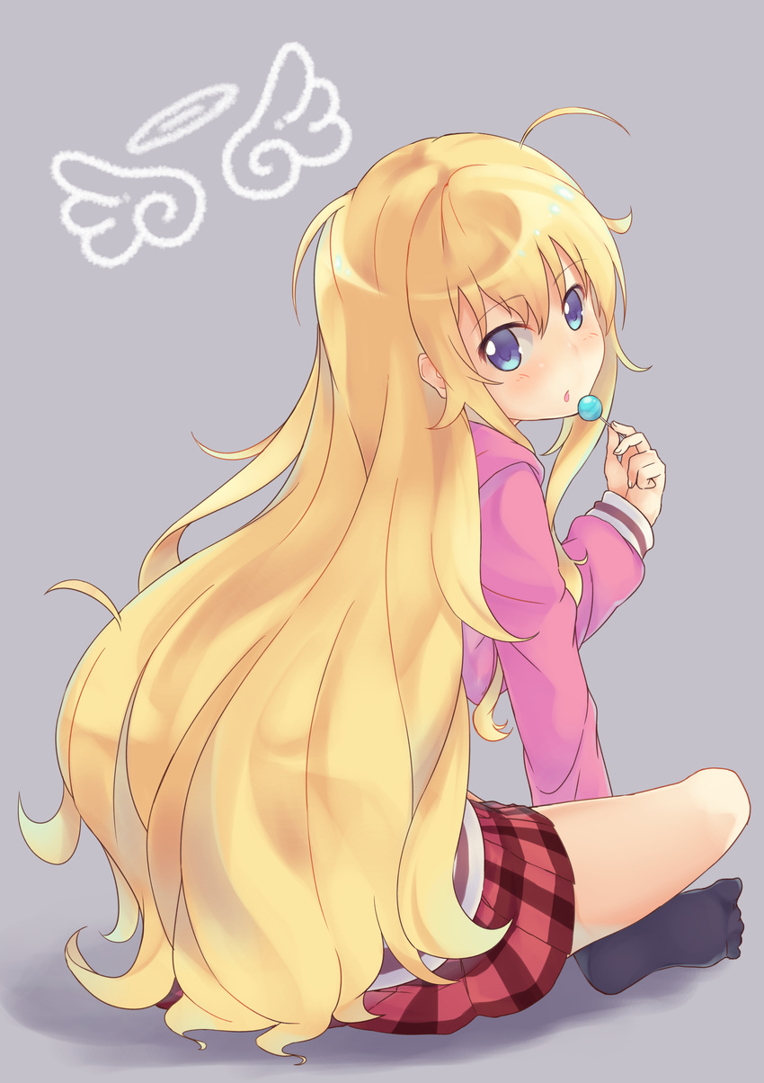 :o absurdres ahoge angel_wings bangs black_legwear blonde_hair blue_eyes blush candy commentary_request eyebrows_visible_through_hair food from_side gabriel_dropout hair_between_eyes highres holding holding_food hood hoodie lollipop long_hair long_sleeves looking_at_viewer maechuu miniskirt plaid plaid_skirt pleated_skirt red_skirt sidelocks skirt soles solo tenma_gabriel_white very_long_hair wings