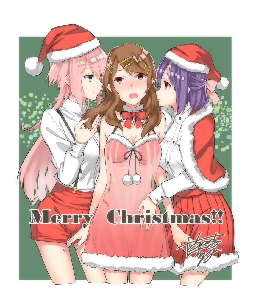:3 baggataway blue_eyes bow breasts brown_eyes brown_hair capelet christmas cleavage commentary_request d: detached_collar dress fur-trimmed_dress fur-trimmed_skirt girl_sandwich green_background hair_bow hair_ornament hair_ribbon hairclip hand_on_another's_stomach hat highres hikiji holding holding_another's_hair holding_hair kohinata_iroha light_smile long_hair looking_at_viewer medium_breasts merry_christmas multiple_girls open_mouth pink_bow pink_eyes pink_hair pink_ribbon pleated_skirt pom_pom_(clothes) purple_hair red_dress red_shorts ribbon sandwiched santa_hat see-through shirt short_hair shorts signature skirt suspenders white_shirt yuri