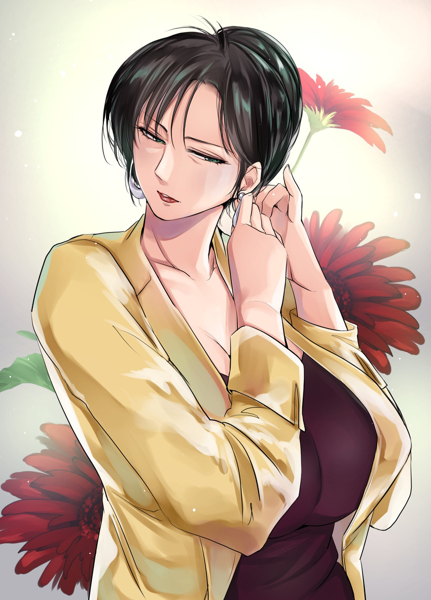 black_hair breasts cima_garahau cleavage earrings flower formal green_eyes gundam gundam_0083 highres jewelry large_breasts lipstick makeup mature parted_lips pinky_out short_hair solo yukibuster_z