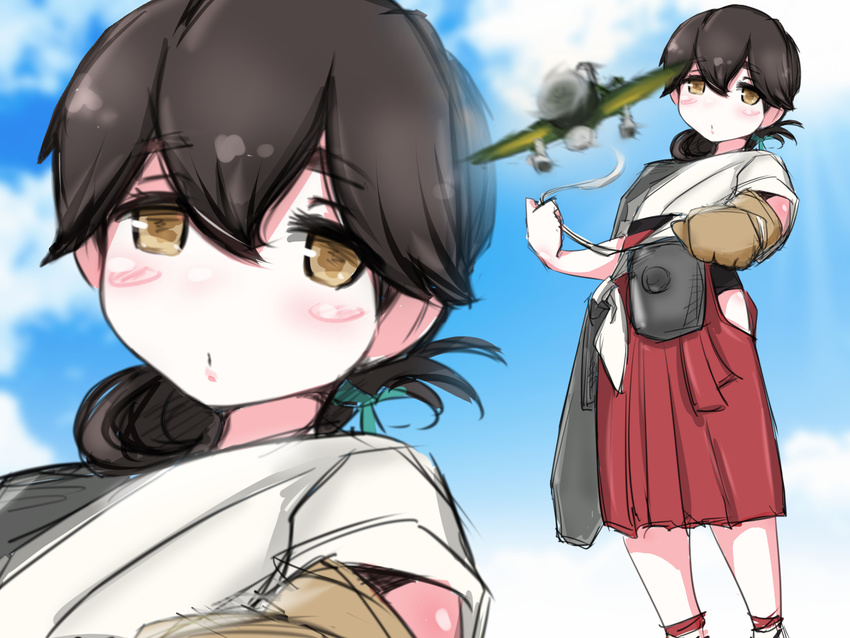 a5m aircraft airplane bad_id bad_pixiv_id black_hair brown_eyes cowboy_shot dougi flight_deck folded_ponytail gloves hakama_skirt highres japanese_clothes kantai_collection kasuga_maru_(kantai_collection) long_hair looking_at_viewer red_skirt saku_(sengetsudo) skirt solo taiyou_(kantai_collection)