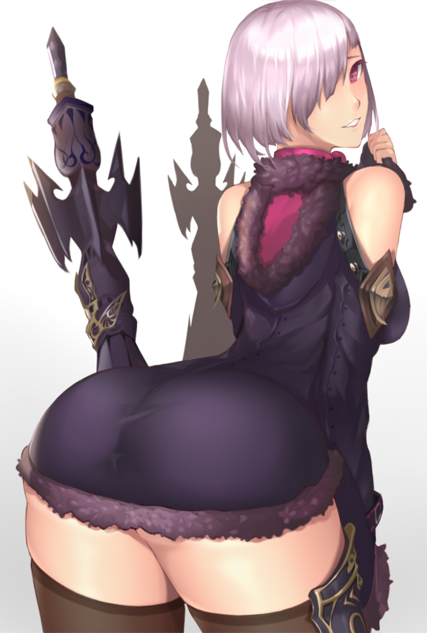 ass bad_anatomy hair_over_one_eye highres leaning_forward looking_at_viewer looking_back purple_hair shadowverse short_hair smile snake_king solo standing thighhighs