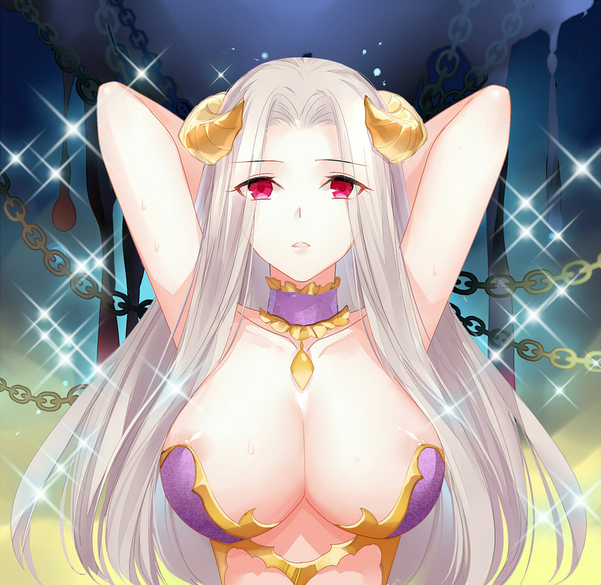 arms_behind_head arms_up breasts chain choker collarbone commentary_request demon_horns fate/grand_order fate_(series) frilled_choker frills gekka_nanako halloween_princess_(fate/grand_order) highres horns irisviel_von_einzbern large_breasts long_hair looking_at_viewer nipple_slip nipples parted_lips red_eyes solo upper_body white_hair
