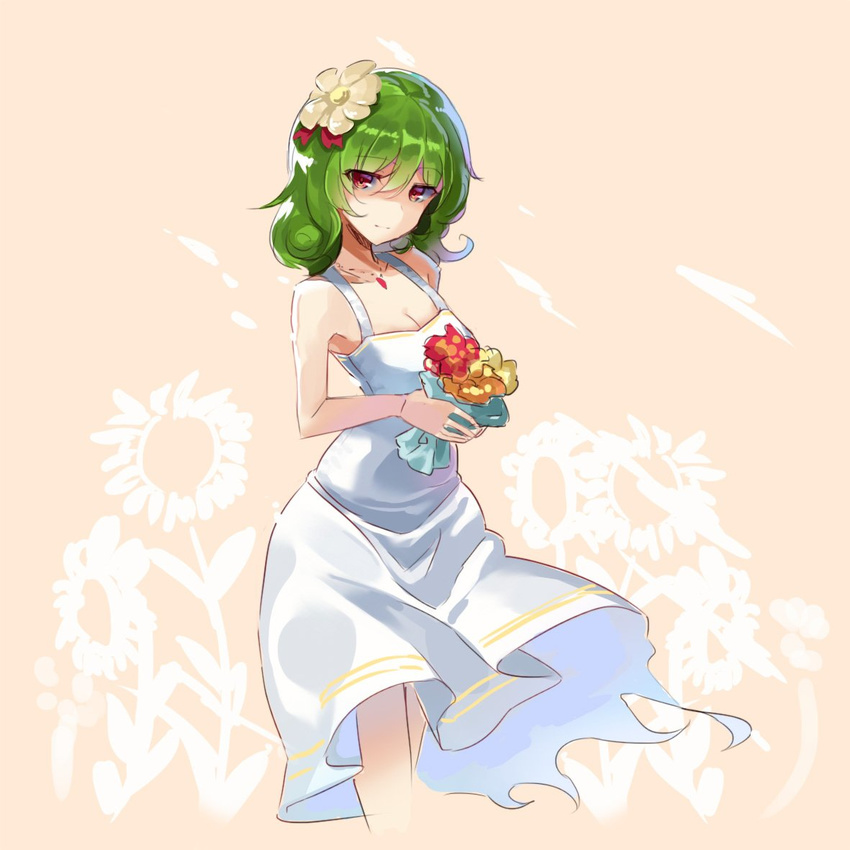 alternate_costume bare_shoulders bouquet breasts cleavage dress flower green_hair hair_flower hair_ornament jewelry kazami_yuuka looking_at_viewer medium_breasts necklace red_eyes rin_falcon short_hair sleeveless solo standing sundress sunflower touhou white_dress wind wind_lift