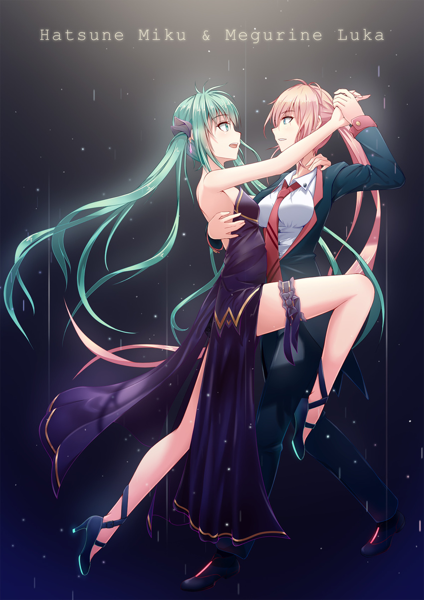 backless_dress backless_outfit black_dress black_pants blue_eyes breasts breasts_apart character_name dancing dress eye_contact eyebrows_visible_through_hair floating_hair garters geduan green_hair hair_between_eyes hatsune_miku high_heels highres long_hair looking_at_another megurine_luka multiple_girls necktie open_mouth pants pink_hair ponytail red_neckwear shirt sideboob sleeveless sleeveless_dress small_breasts strapless strapless_dress thigh_strap twintails very_long_hair vocaloid white_shirt