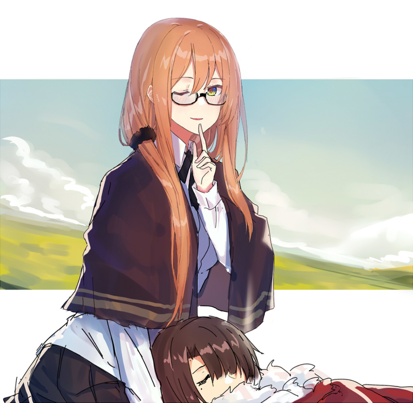 1girl :d bespectacled black_scrunchie brown_hair capelet collared_shirt commander_(girls_frontline) dress_shirt echj eyebrows eyebrows_visible_through_hair finger_to_mouth flush girls_frontline glasses green_eyes hair_between_eyes hair_ornament hair_scrunchie lap_pillow long_hair long_sleeves looking_at_viewer m1903_springfield_(girls_frontline) neck_ribbon one_eye_closed open_mouth pleated_skirt ribbon scrunchie shawl shirt shushing sketch skirt sleeping smile tied_hair upper_body wing_collar