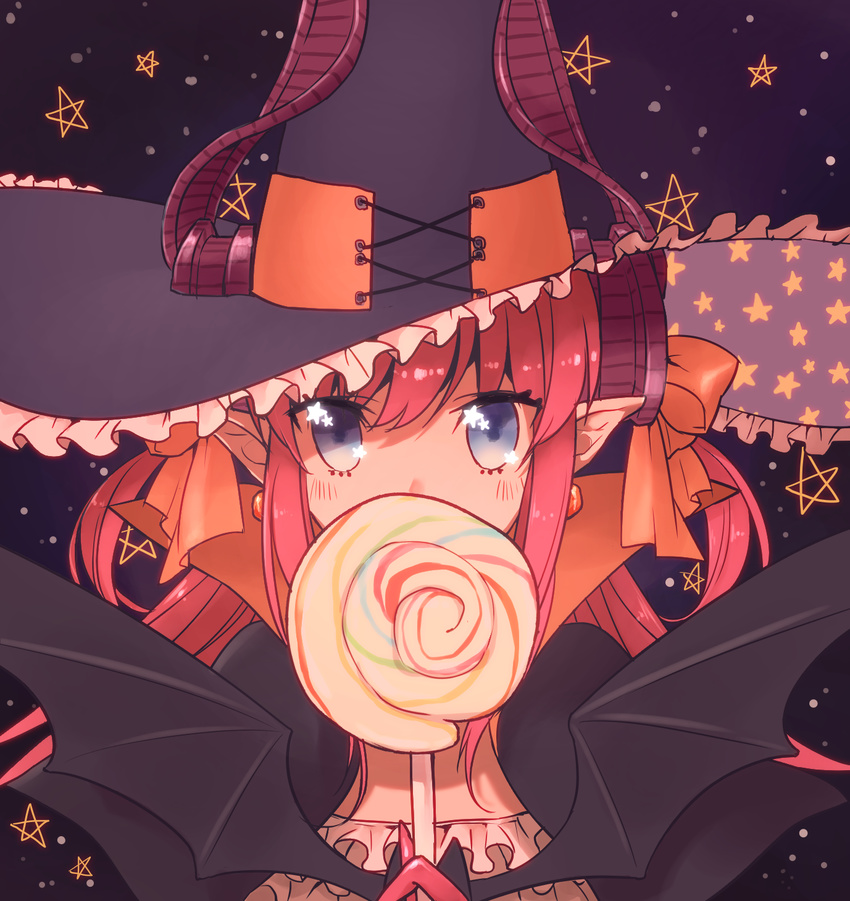 bat blue_eyes blush candy covering_mouth earrings elizabeth_bathory_(fate) elizabeth_bathory_(fate)_(all) elizabeth_bathory_(halloween)_(fate) fate/grand_order fate_(series) food hair_ribbon hat high_collar highres holding_lollipop horns jewelry lollipop looking_at_viewer mozu_(teluto) pink_hair pointy_ears ribbon sky solo star star_(sky) star_print starry_sky swirl_lollipop two_side_up upper_body witch_hat