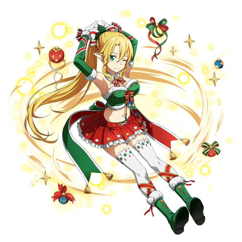 armpits blonde_hair boots bow braid breasts christmas detached_collar full_body fur_trim green_eyes green_footwear hair_between_eyes hair_bow highres large_breasts leafa long_hair official_art one_eye_closed ornament pointy_ears ponytail red_skirt skirt smile sword_art_online sword_art_online:_memory_defrag thighhighs thighhighs_under_boots transparent_background twin_braids white_legwear zettai_ryouiki