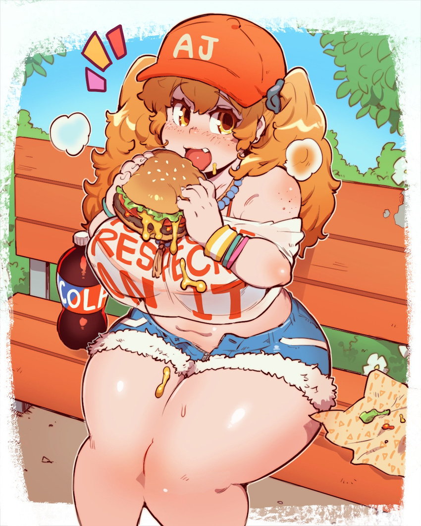 1girl aj-chan bare_shoulders bench breasts eating fang food hamburger hat hono1212 huge_breasts long_hair looking_at_viewer messy open_mouth orange_eyes orange_hair original outdoors plump shorts sitting solo thick_thighs thighs twintails wide_hips