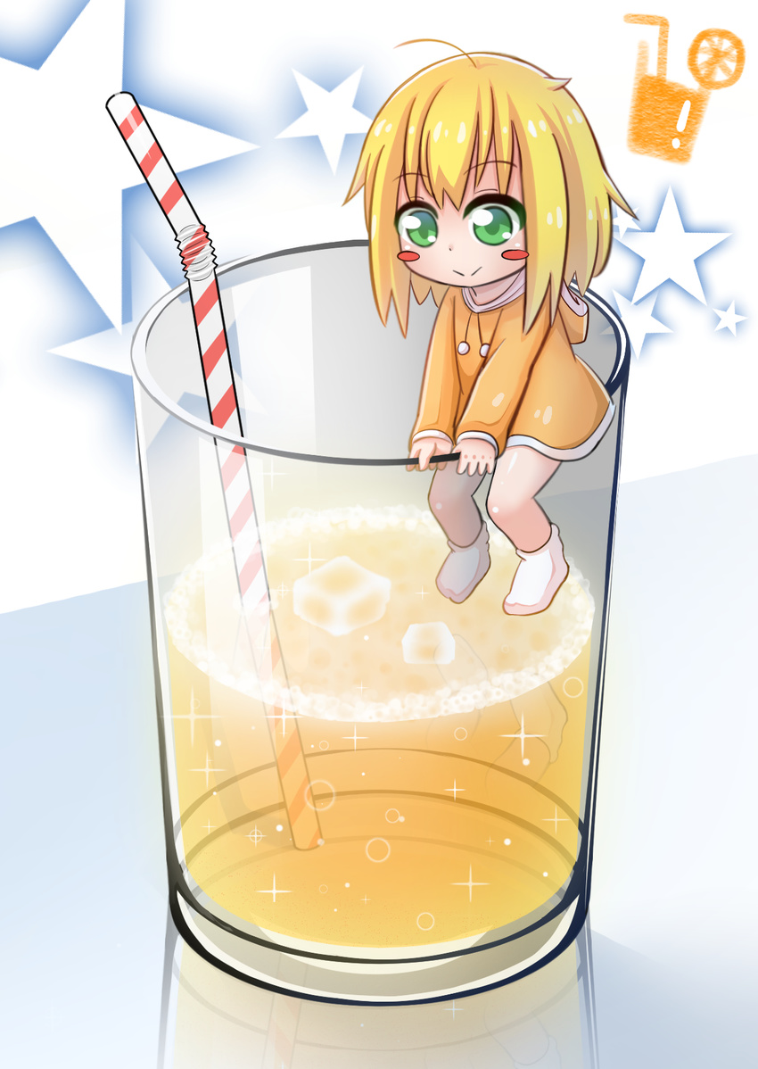 1girl ahoge artist_request between_legs blonde_hair blush_stickers dress drink drinking_glass drinking_straw eyebrows_visible_through_hair full_body glass green_eyes highres hood ice_cube loli long_sleeves minigirl orange_dress orange_juice original short_dress short_hair simple_background sitting smile socks solo star white_socks