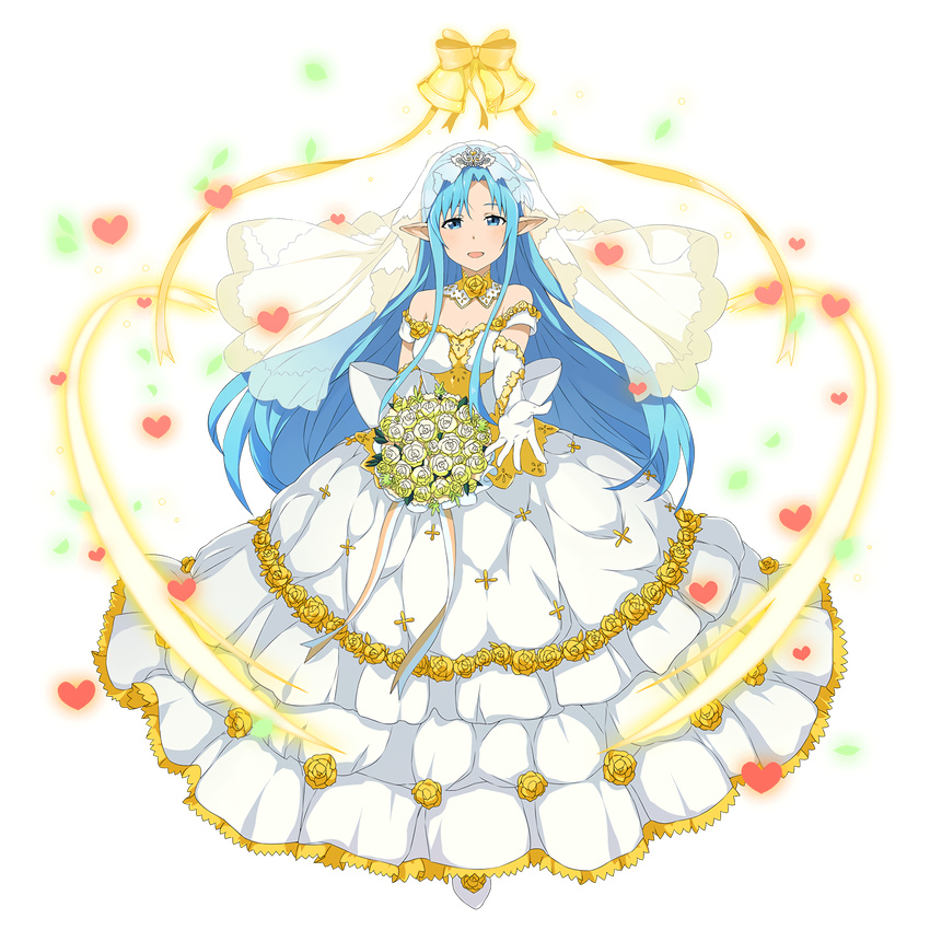 asuna_(sao) asuna_(sao-alo) blue_eyes blue_hair bouquet detached_collar dress elbow_gloves flower gloves highres holding holding_flower long_hair non-web_source official_art open_mouth outstretched_arm pointy_ears sword_art_online transparent_background veil