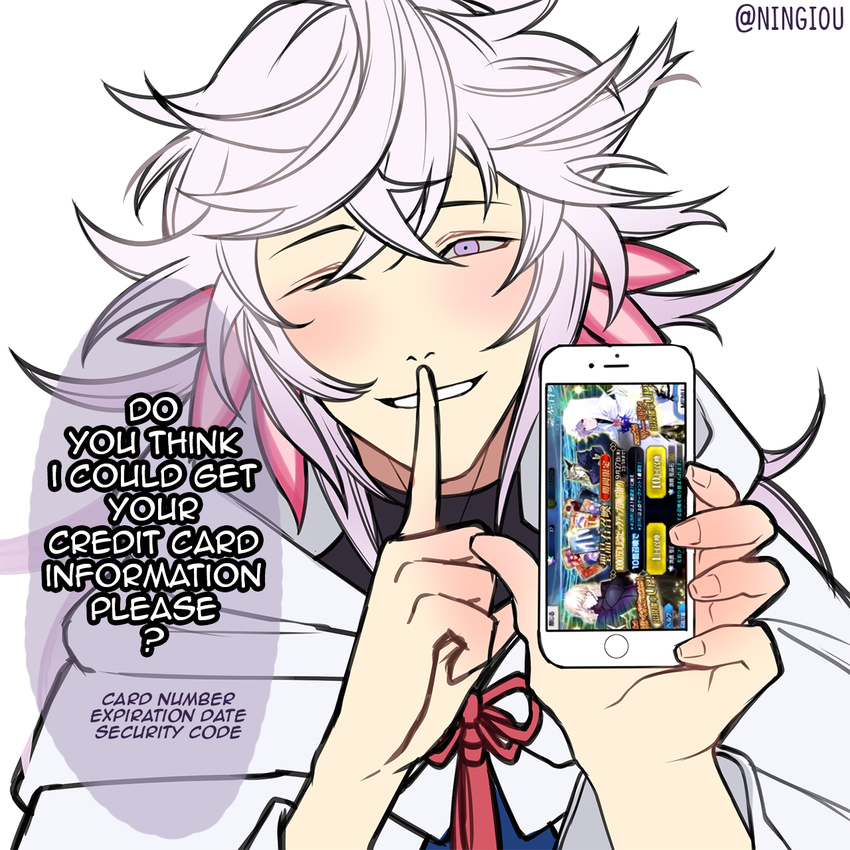 bishounen cellphone credit_card english fate/grand_order fate/stay_night fate_(series) finger_to_mouth fingernails flat_color half-closed_eye hands_up head_tilt highres holding holding_cellphone holding_phone hood index_finger_raised kyou_(ningiou) lavender_eyes light_blush long_hair looking_at_viewer male_focus merlin_(fate) one_eye_closed open_mouth phone playing_games robe simple_background smartphone smile solo speech_bubble turtleneck twitter_username upper_body white_background white_hair white_robe