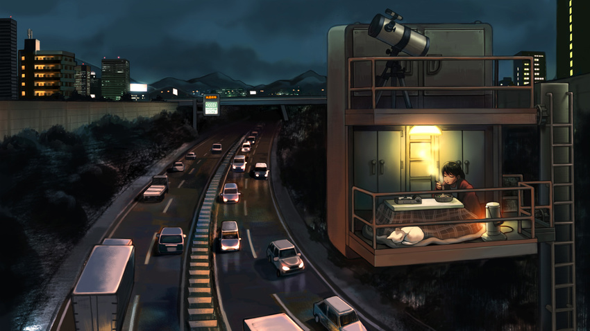 black_hair building car cat chopsticks city_lights cityscape closed_eyes commentary_request eating food ground_vehicle heater highres highway hill holding holding_chopsticks kotatsu ladder light motor_vehicle night nishimawari_kouro noodles original outdoors overpass ponytail road sign sitting steam table telescope truck white_cat