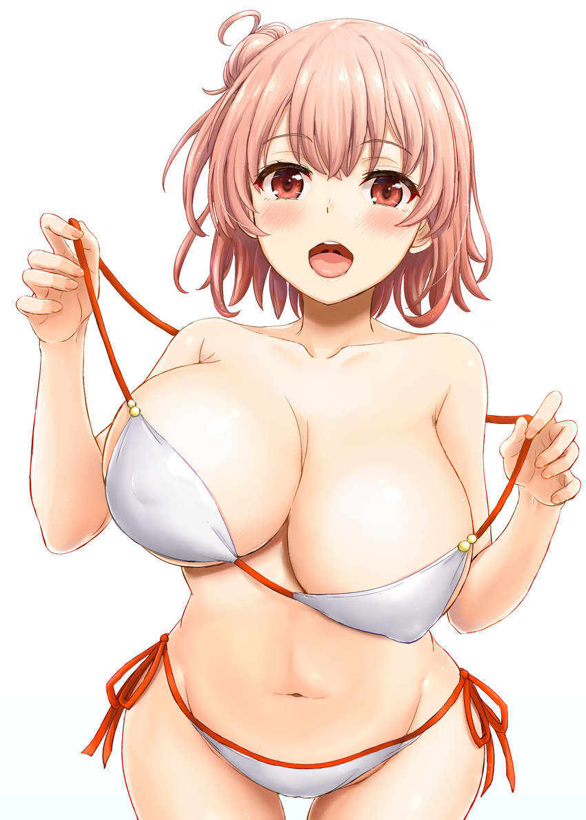 :d bangs bare_shoulders bikini blush breast_lift breasts collarbone commentary_request covered_nipples cowboy_shot eyebrows_visible_through_hair hair_bun highres huge_breasts inanaki_shiki looking looking_at_viewer navel open_mouth orange_eyes orange_hair pulled_by_self red_ribbon ribbon short_hair side-tie_bikini simple_background smile solo standing stomach strap_pull swimsuit tareme unaligned_breasts upper_teeth white_background white_bikini yahari_ore_no_seishun_lovecome_wa_machigatteiru. yuigahama_yui